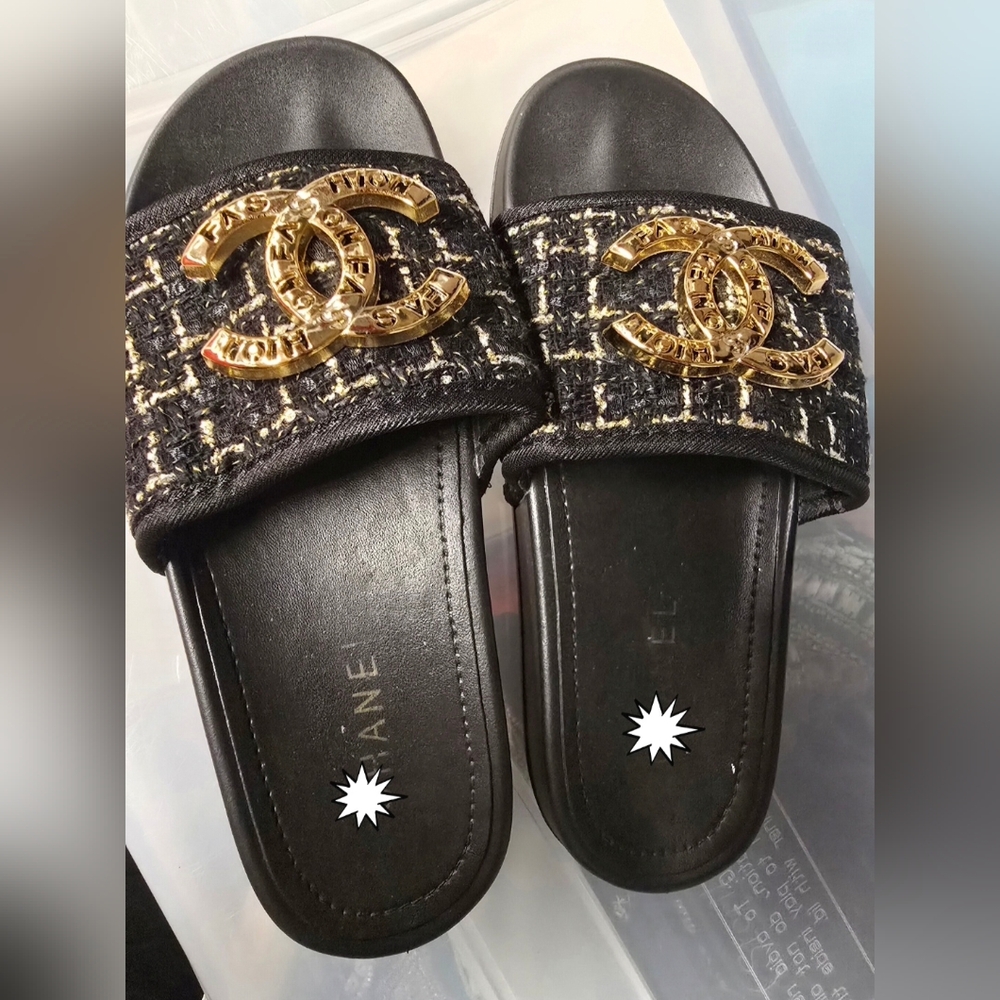CC Black and Gold Tweed Slide Sandals Not Designer, Soo Co Fortable